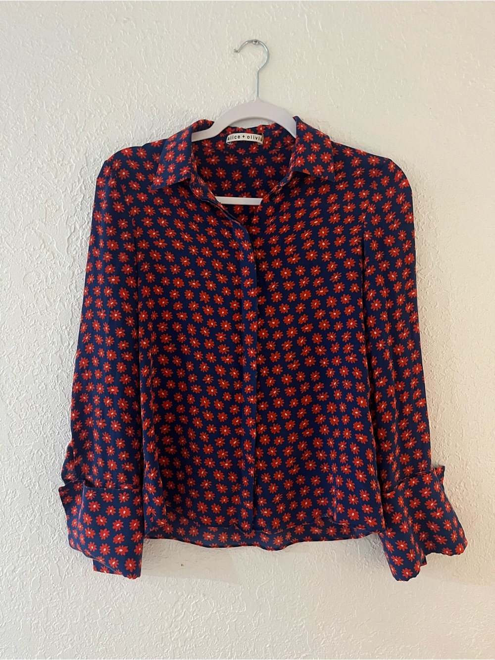 Alice + Olivia Navy Button-Down Shirt with Red Floral Print
